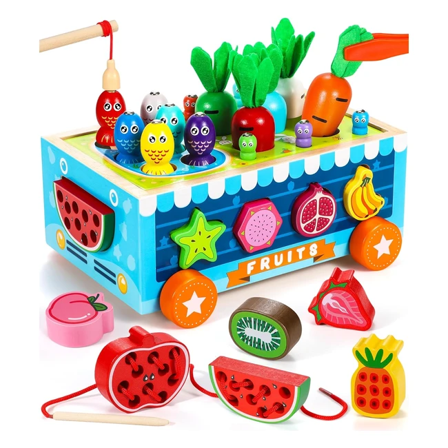 Juguetes Montessori CoolJoya para enhebrar cuentas de madera con frutas magnti