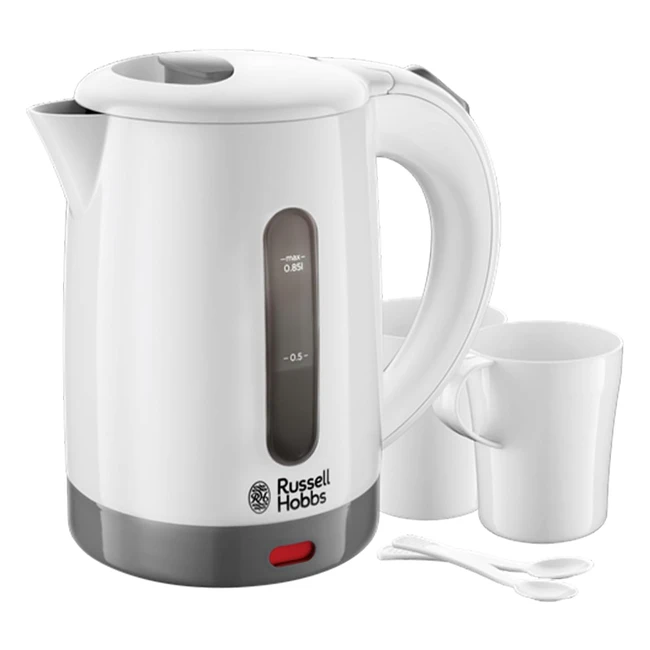 Russell Hobbs Electric 085L Travel Kettle - Small & Compact - Dual Voltage - Ideal for Travel - Inc. 2 Cups & Spoons - Anti-Scale Filter - Water Windows - 1000W - 23840