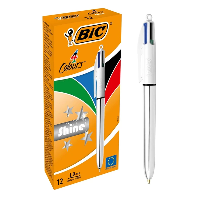 BIC 4 Colores Shine Bolígrafos Retráctiles 10mm Plata Caja 12