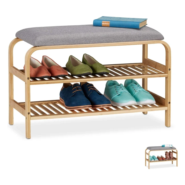 Scarpiera Ingresso Relaxdays con Panca Imbottita 6 Paia 46x69x30 cm Naturale Bambù Tessuto