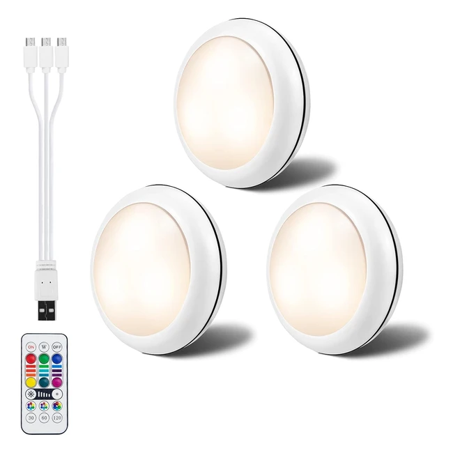 Ledgle Puck Lights Wireless USB Rechargeable 16 Colors RGB Dimmable Stair Closet Light 3Pack