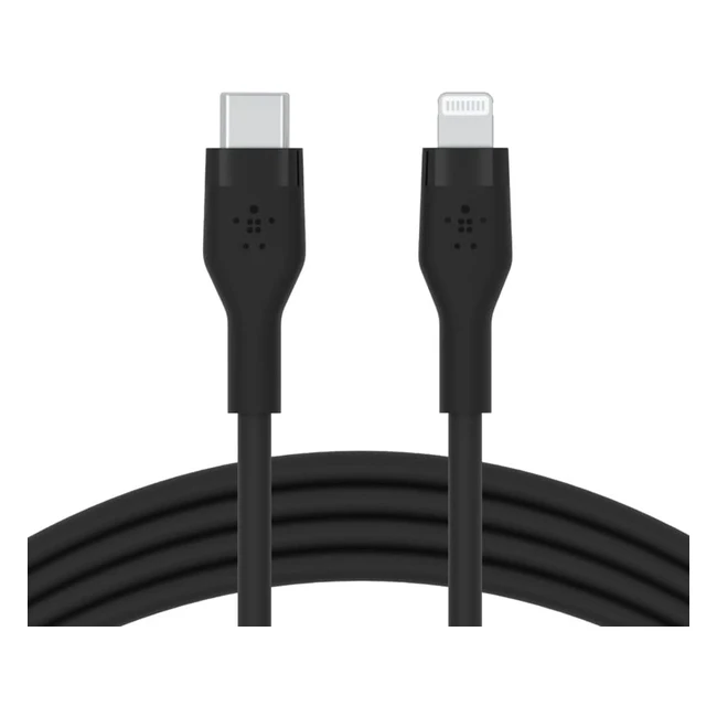 Belkin BoostCharge Flex Silicone USB-C to Lightning Cable 2m/6.6ft - MFi Certified 20W Fast Charging PD - iPhone 14/14 Plus/13/12 Pro Max Mini SE - Black