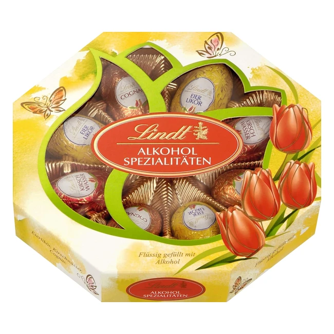 Lindt Schokoladenalkoholspezialitäten Eier 144 g Vollmilch-Eier mit flüssiger alkoholischer Füllung Cognac Eierlikör Kirschlikör Ostern Schokolade Geschenk