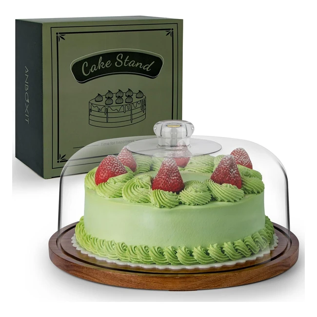 Anboxit Cake Stand with Dome Lid Acacia Wood Plate #1234 Elegant Design & Easy to Carry