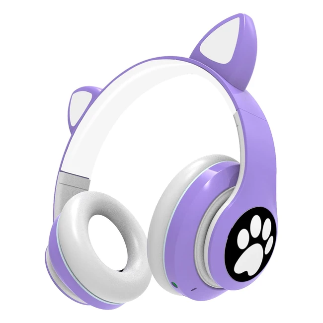 Auriculares para niños inalámbricos con luz LED - Diadema con orejas de gato - Bluetooth plegables con micrófono SD para TV - Regalo para cumpleaños y Navidad - Púrpura