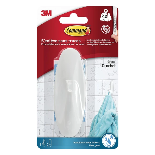 Gancho Autoadhesivo Resistente al Agua Command W17083 - Talla L - Soporta 23 kg - Blanco