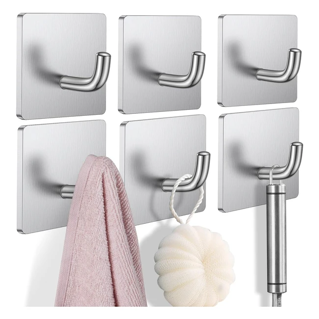 Budding Joy Adhesive Hooks Stainless Steel 6 Pack - Heavy Duty Self Adhesive Holders for Hanging Towels, Coats, Clothes - Kitchen, Bathroom, Home