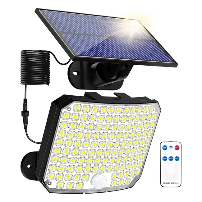Kernowo Solarleuchten für den Außenbereich mit Bewegungsmelder 118 LED Solar Außenleuchte und Fernbedienung Solarleuchten IP65 wasserdicht 180 Beleuchtungswinkel Solar Wandleuchte mit 5 m Kabel