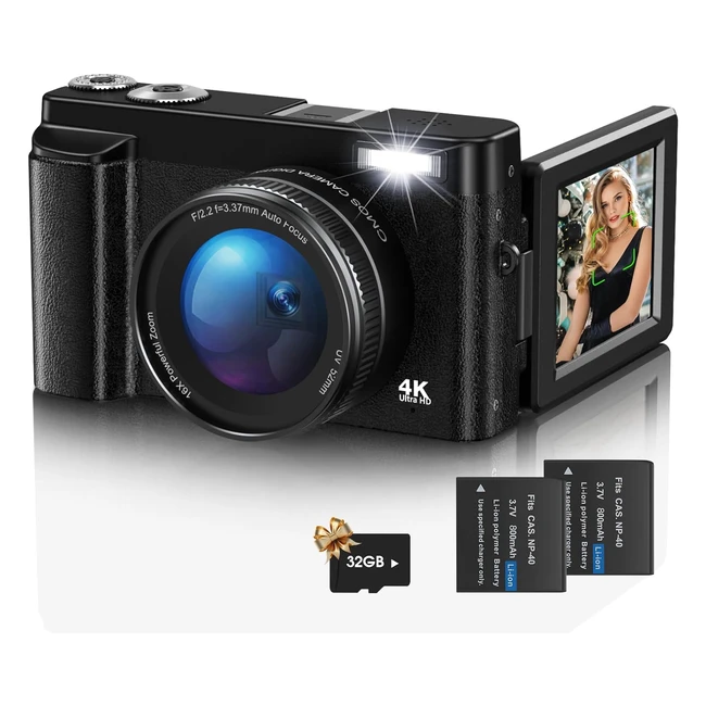 4K UHD 48MP Autofocus Vlogging Camera for YouTube - Compact Camera with 16x Digi