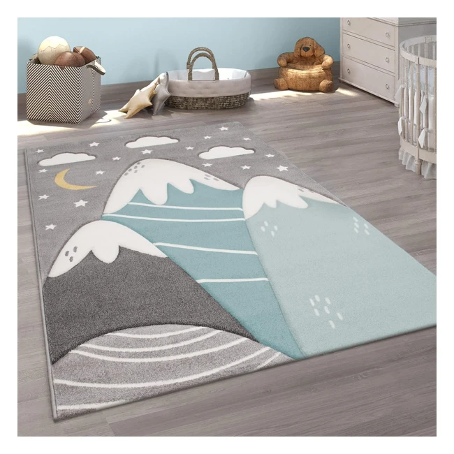 Paco Home Teppich Kinderzimmer Kinderteppich Spielteppich 3D Optik Modern Pastell Berge Wolken Sterne 120x170 cm Graublau