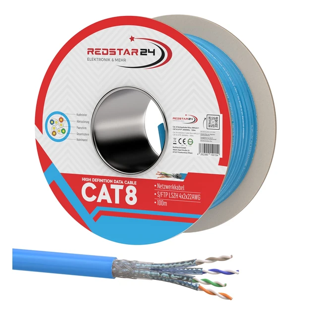 Cble Ethernet Cat 8 100m Bleu - Redstar24 - Transmission 40 Gbits - Cble Lan SFT