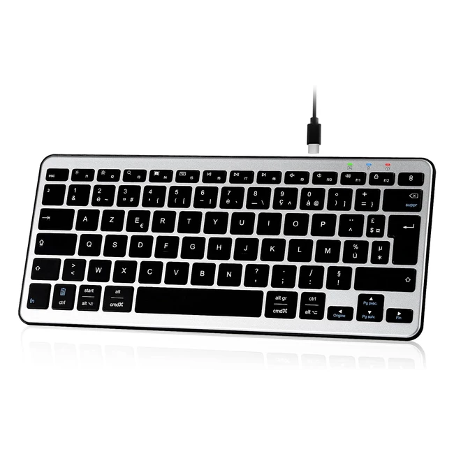 Qulose clavier sans fil Bluetooth mini clavier AZERTY français USB-C 12 raccourcis multimédias gris