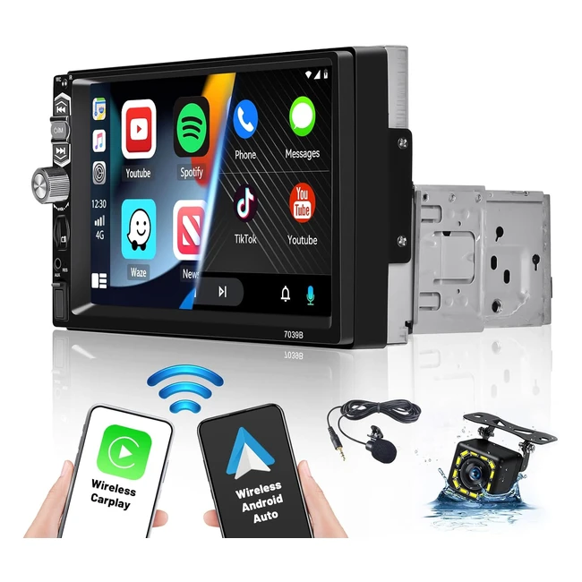 Autoradio Hikity 7 pouces 1 DIN Wireless Carplay/Android Auto Bluetooth Mirror Link FM USB TF Caméra de Recul