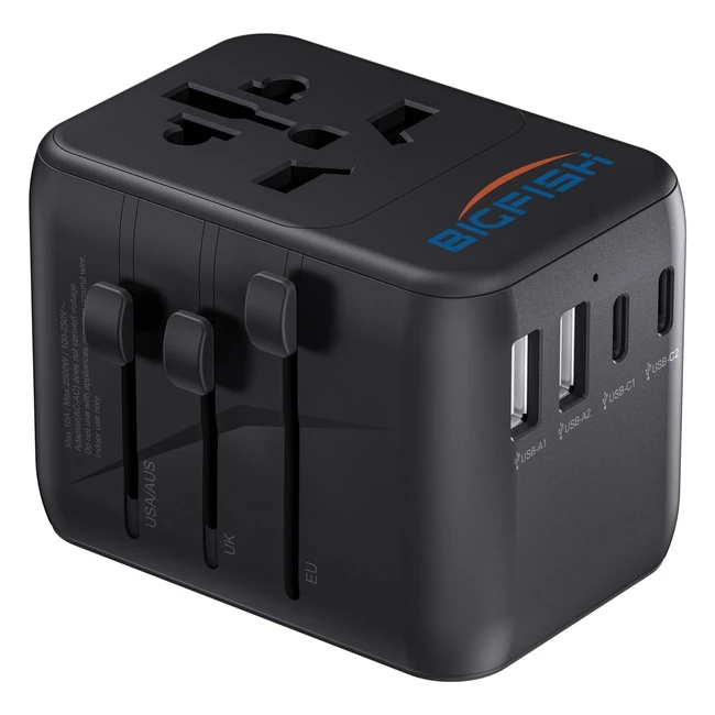 BigFish Universal Travel Adapter Worldwide Travel Plug Adapter with 2 USB A and 2 USB C Dual 10A Fuses