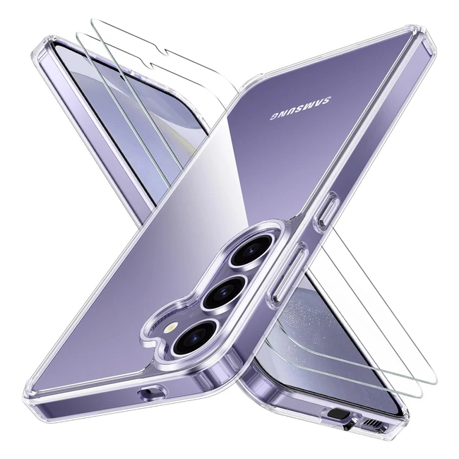Coque Samsung Galaxy S24 5G Transparente avec 2 Verre Trempé Antijaunissement PC Housse Antirayures Protection Antichoc Bumper TPU