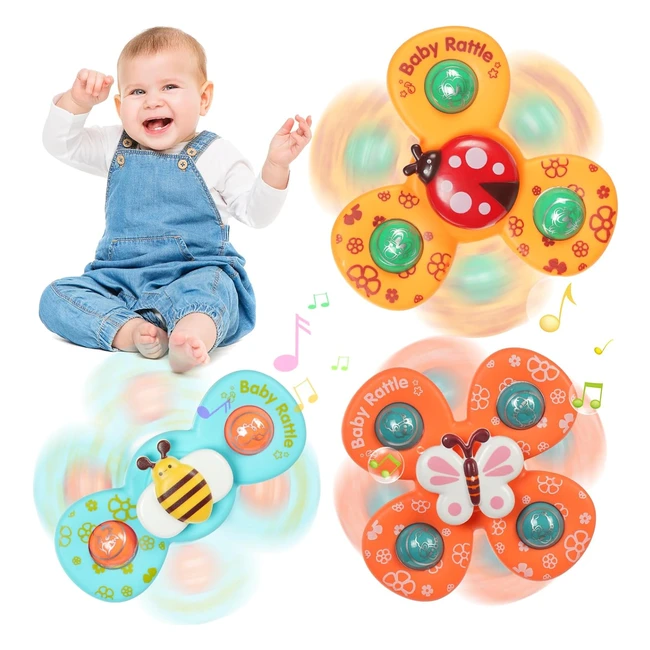 Juguete Giratorio con Ventosa 3pz - Spinner Bebe - Sensoriales - Años 1-3 - Abeja Mariposa Mariquita