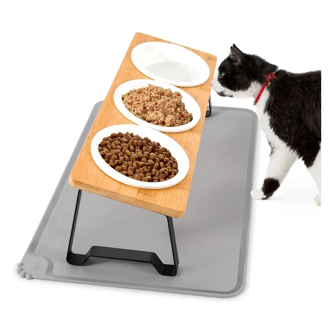 Comedero Gato Elevado Lannvan 15° Inclinación 3x300ml Cerámica Bambú Antideslizante