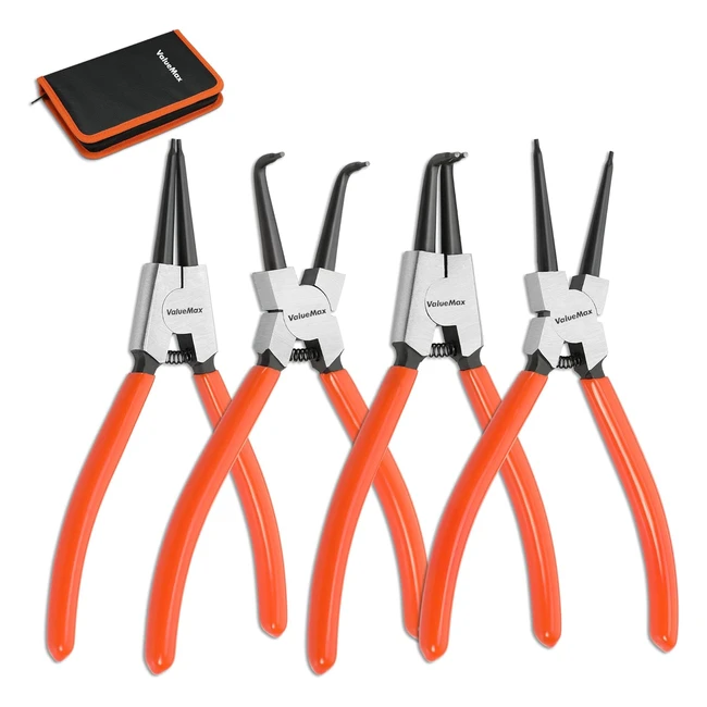 Juego de Alicates para Anillos Elásticos ValueMax 4pc - Ref. 180mm - Puntas Rectas y Curvas
