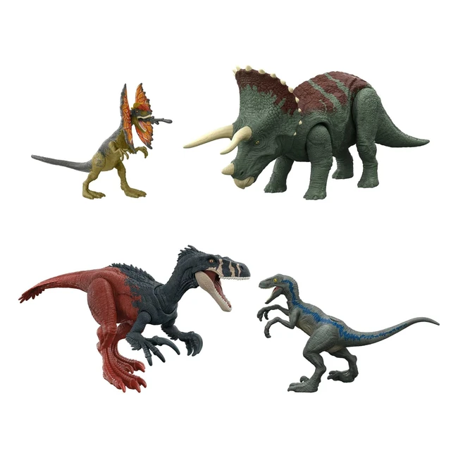 Jurassic World HJJ85 Survival Instincts Dinosaur Starter Set - Roar Strikers Megaraptor and Pteranodon Blue and Dilophosaurus - ab 4 Jahren