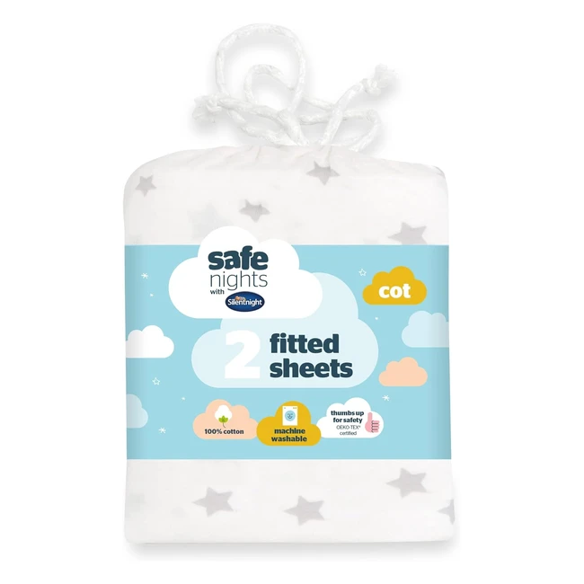Silentnight Safe Nights Cot Size Fitted Sheets Set - 100% Jersey Cotton - Grey Star - Pack of 2 - Super Soft - Baby Friendly - #CotSheets