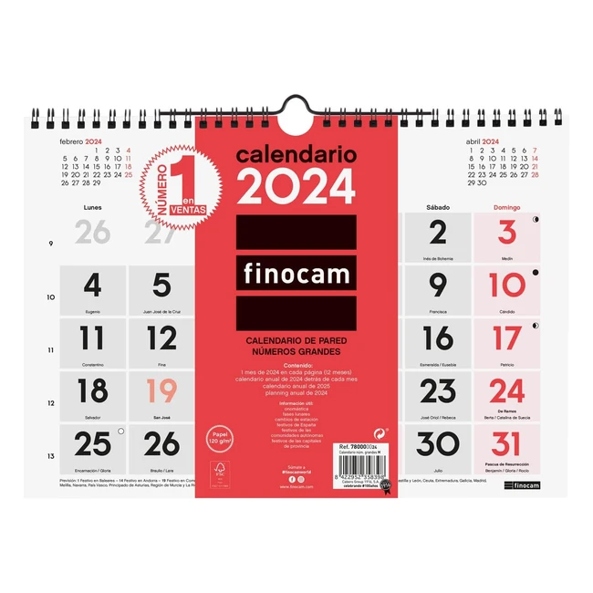Calendario Pared 2024 Finocam Nmeros Grandes Enero-Diciembre 12 Meses