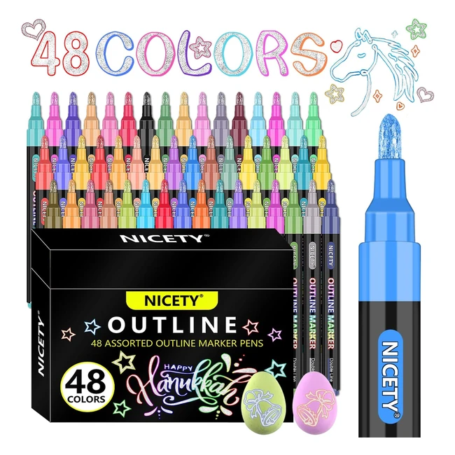 Nicety 48 Colors Outline Markers Pens - Metallic Magic Marker Double Line - Shimmer Doodle Dazzle Arts