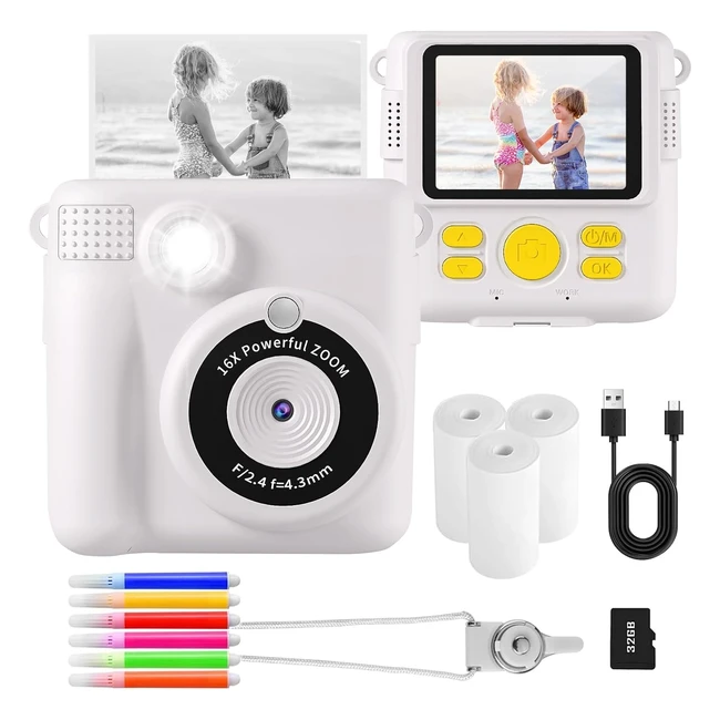 Aorile Kids Instant Print Camera 1080P HD Digital Camera with 32G SD Card & 3 Rolls Photo Paper - White