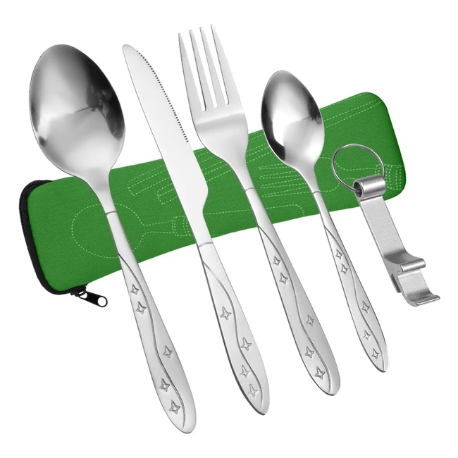 Vicloon Cubiertos Camping 6pcs Acero Inoxidable - Juego Trabajo - Verde Estrella