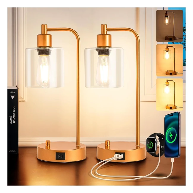 Homelist Table Lamp Set of 2 Dimmable Small Gold Industrial LED Table Lamps #USB Charging Port Glass Shade