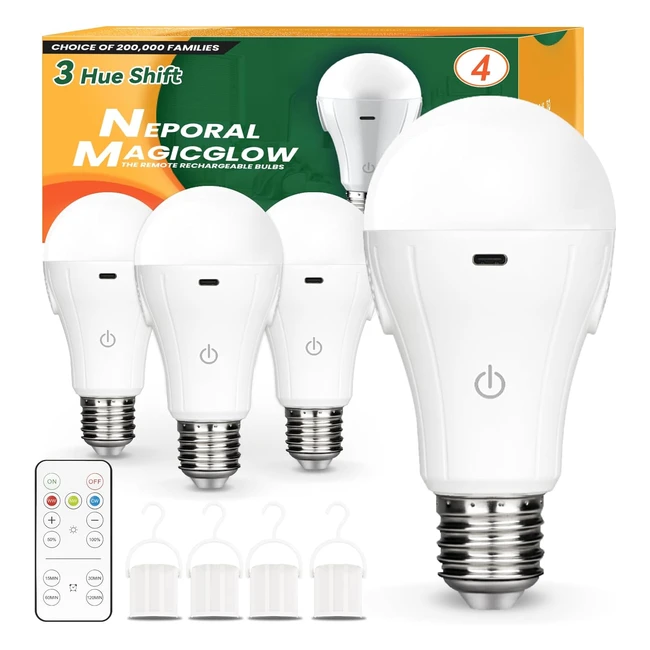 Neporal Magicglow Rechargeable Light Bulbs with Remote - 3 Hue Shift Stepless Dimmable - Battery Powered - Emergency LED Light Bulbs