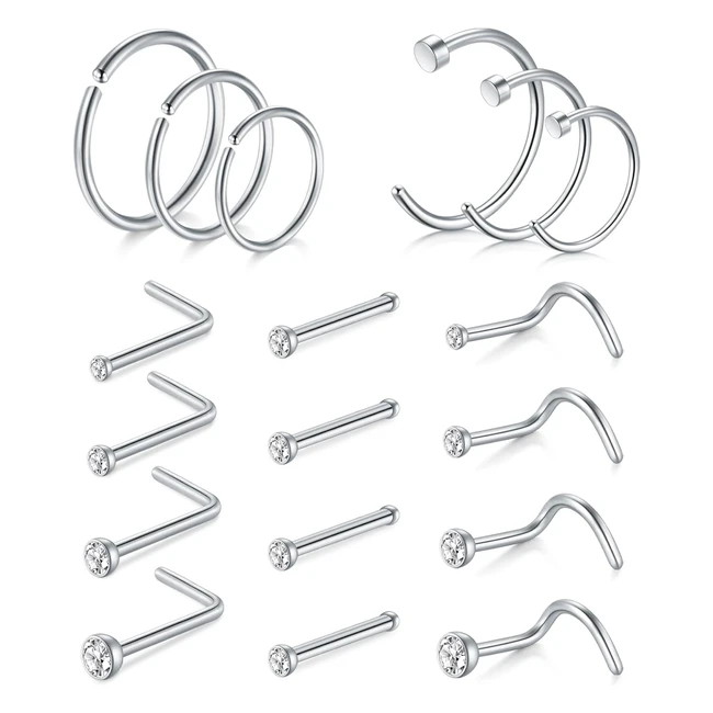 Avyring Stainless Steel Nose Rings with Cubic Zirconia - Pack of 18 or 24 Pieces