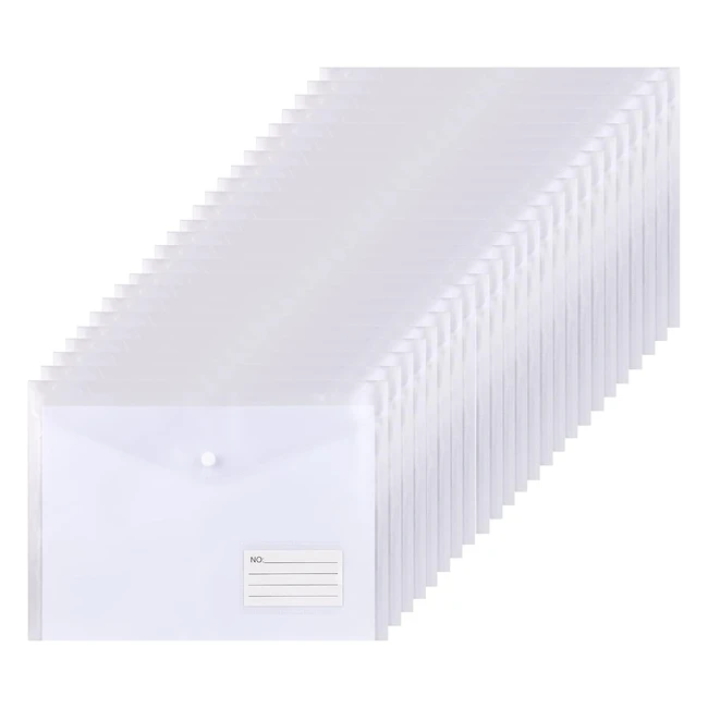 Clear Plastic Wallets A4 Folders 24pcs - Waterproof  Sturdy - Snap Button Closu