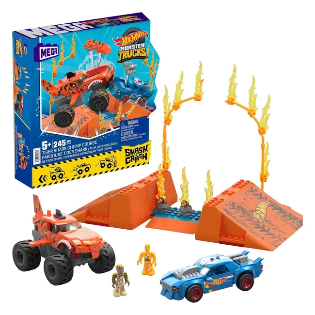 Mega Hot Wheels Monster Trucks Building Toy Car Smash Crash Tiger Shark Chomp Course 245 Pieces 2 Figures 1 Ramp HKF88