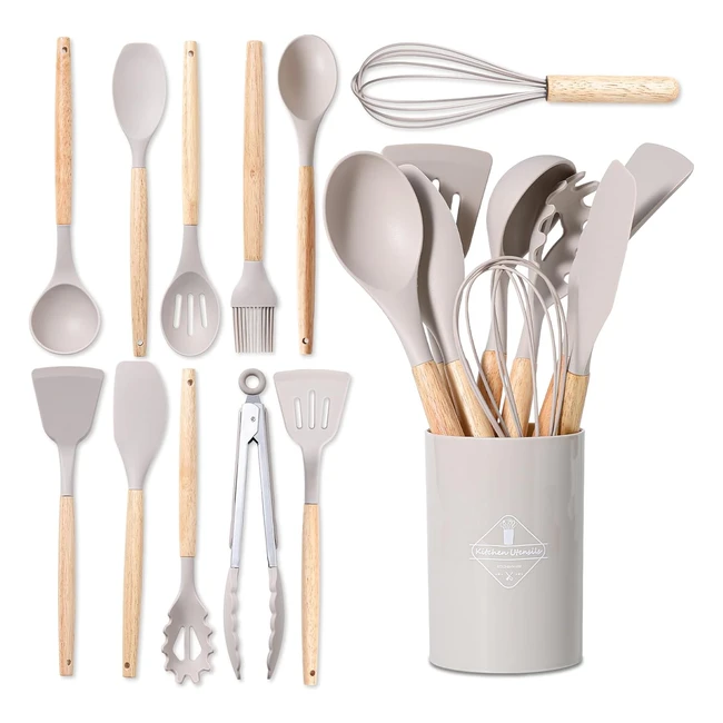 Set Utensili Cucina Silicone 12 Pezzi - Basvii - Alta Qualit - Manici in Legno