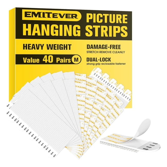 Emitever Picture Hanging Strips 40 Pairs 80 Strips Double Side Hook Loop Mounting Tapes Adhesive Strips - Damage Free Hanging for Pictures Frames Mirrors Wall Decor - #Medium
