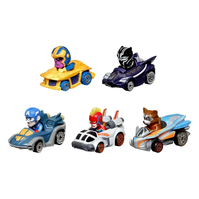 Hot Wheels Racerverse Set of 5 Diecast Marvel Toy Cars - Rocket, Black Panther, Captain Marvel, Captain America, Thanos - HPN40