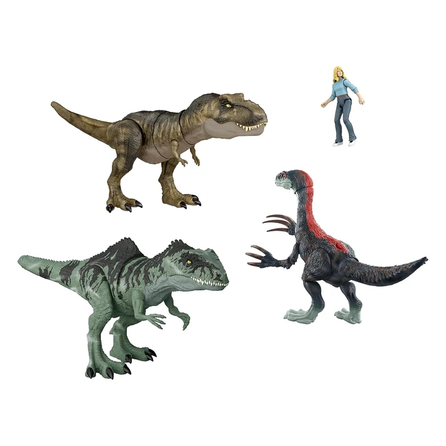 Jurassic World HJK02 - Neues Zeitalter Episches Schlachtset - 3 authentische Dinosaurierfiguren, 1 menschliche Figur - Spaß für Kinder ab 4 Jahren
