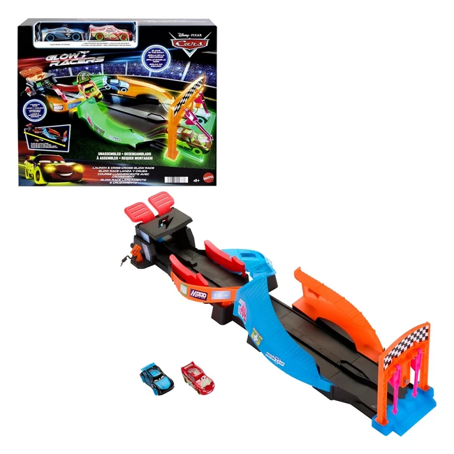 Disney Pixar Cars Spielset 2 x Leuchtende Rennautos Starter und Überkreuz Neonrennstrecke
