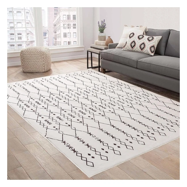 Tappeto Soggiorno Geometrico Leesentec 160x200cm Bianco Pelo Corto Antiscivolo