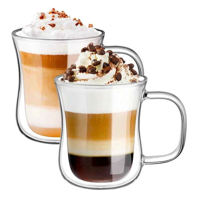 Ecooe 2x240ml Double Walled Coffee Glasses Mugs - Heat Resistant Borosilicate Glass Cups