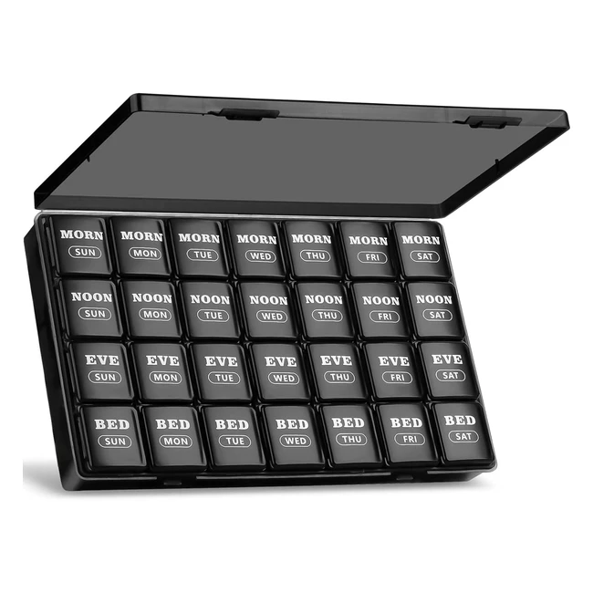 XL Pill Boxes 7 Day 4 Times a Day Weekly Pill Box Organiser - Large Daily Dossett Pill Box - 28 Compartments - Big Travel Tablet Organiser for Vitamin - Black