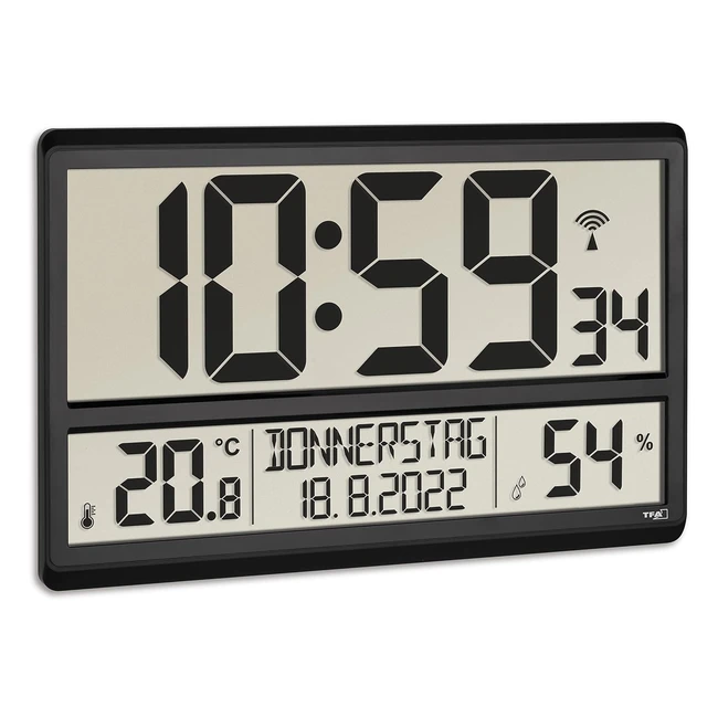Horloge Murale Numérique TFA Dostmann XL 60452001 Température Humidité Jour Semaine 8 Langues Radiocommandée