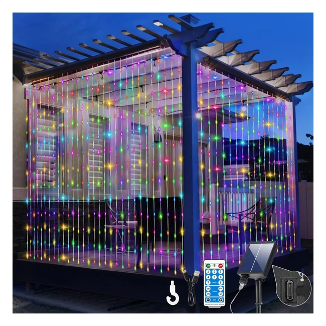 Solar Curtain Lights 6m x3m 600LED Fairy Curtains String Lights Waterproof with 
