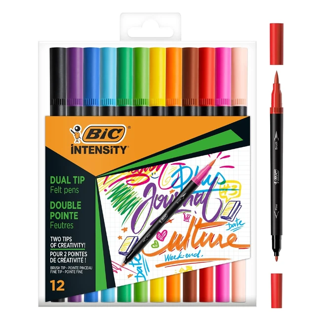BIC Intensity Dual Brush Pen - Set of 12 - Waterbased Colors - Fine 07mm Tip - A