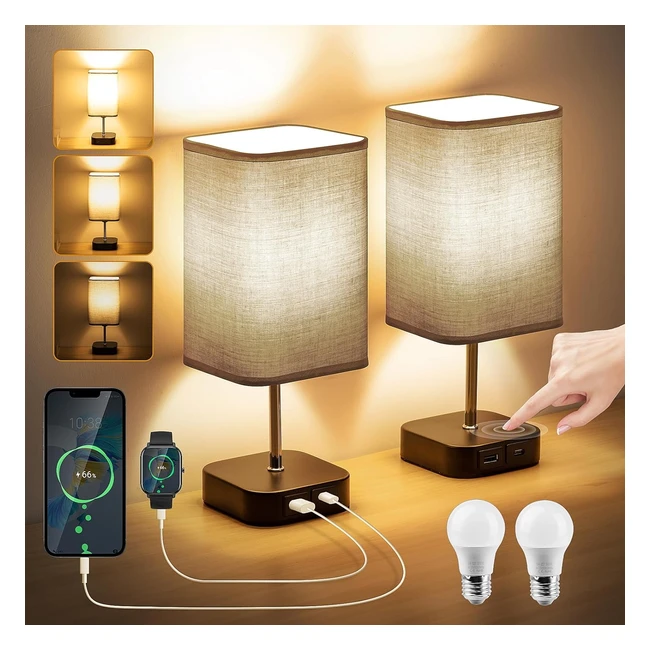 Set of 2 Touch Lamps USB Charging Ports 3-Way Dimmable Table Lamp Grey Fabric Shade