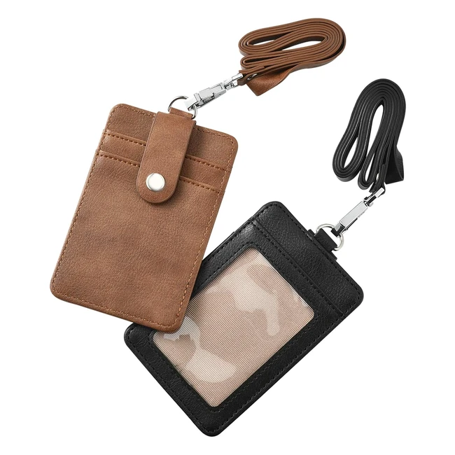 Porte-badge 2pcs en cuir avec lanière - Protection carte de visite, étudiants, bus - Brun et noir