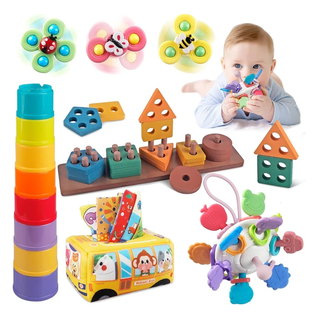 Jouets Montessori pour Bbs 6-12 mois | 5 en 1 | Boite Mouchoirs, Jouet Dentition, Gobelets Empilables en Bois