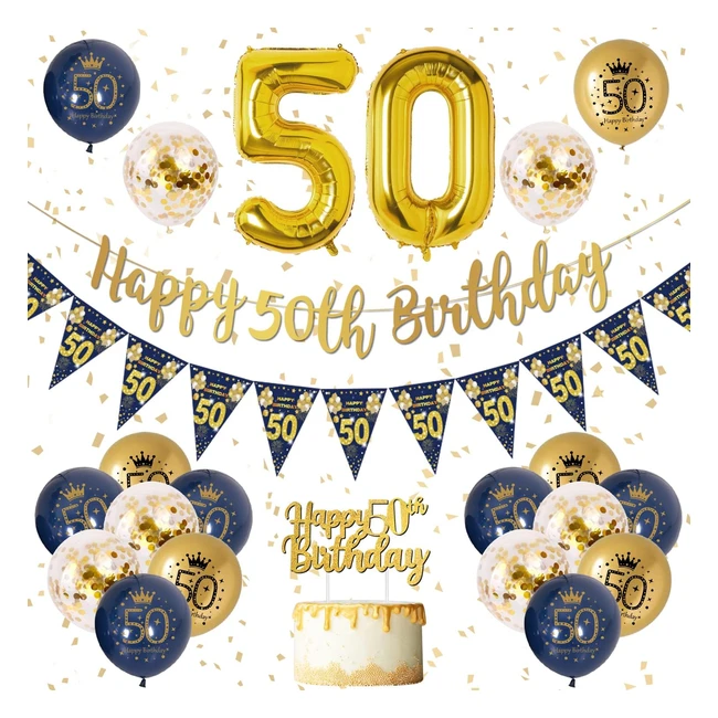 50th Birthday Decorations Men Blue Gold Happy 50th Banner BD50-NAVYGOLD Key Fea