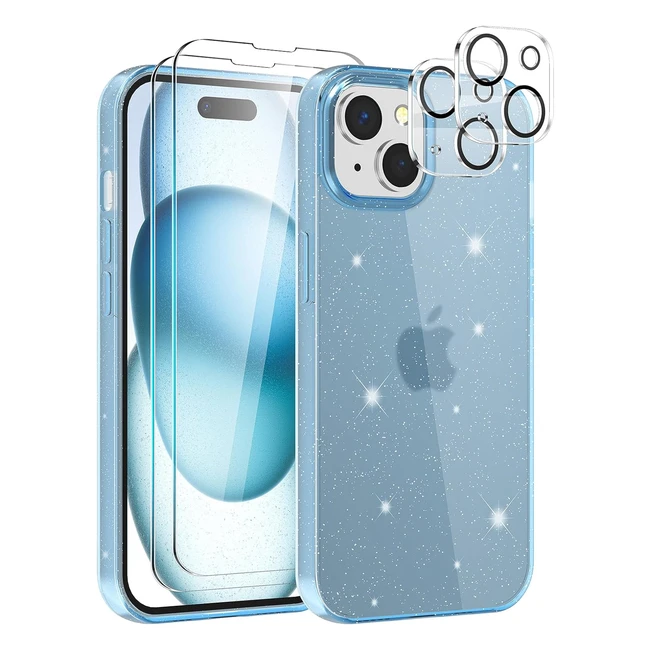 Yirsur Glitter Clear Case for iPhone 15 | 2 Pack Screen Protector | 2 Pack Camera Lens Protector | Antiscratch Shockproof | Blue