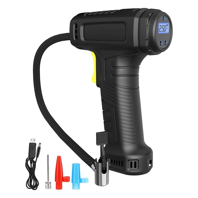 Portable Cordless Tyre Inflator Air Compressor - Rechargeable Battery - LED Light - 3 Nozzle - 150 PSI